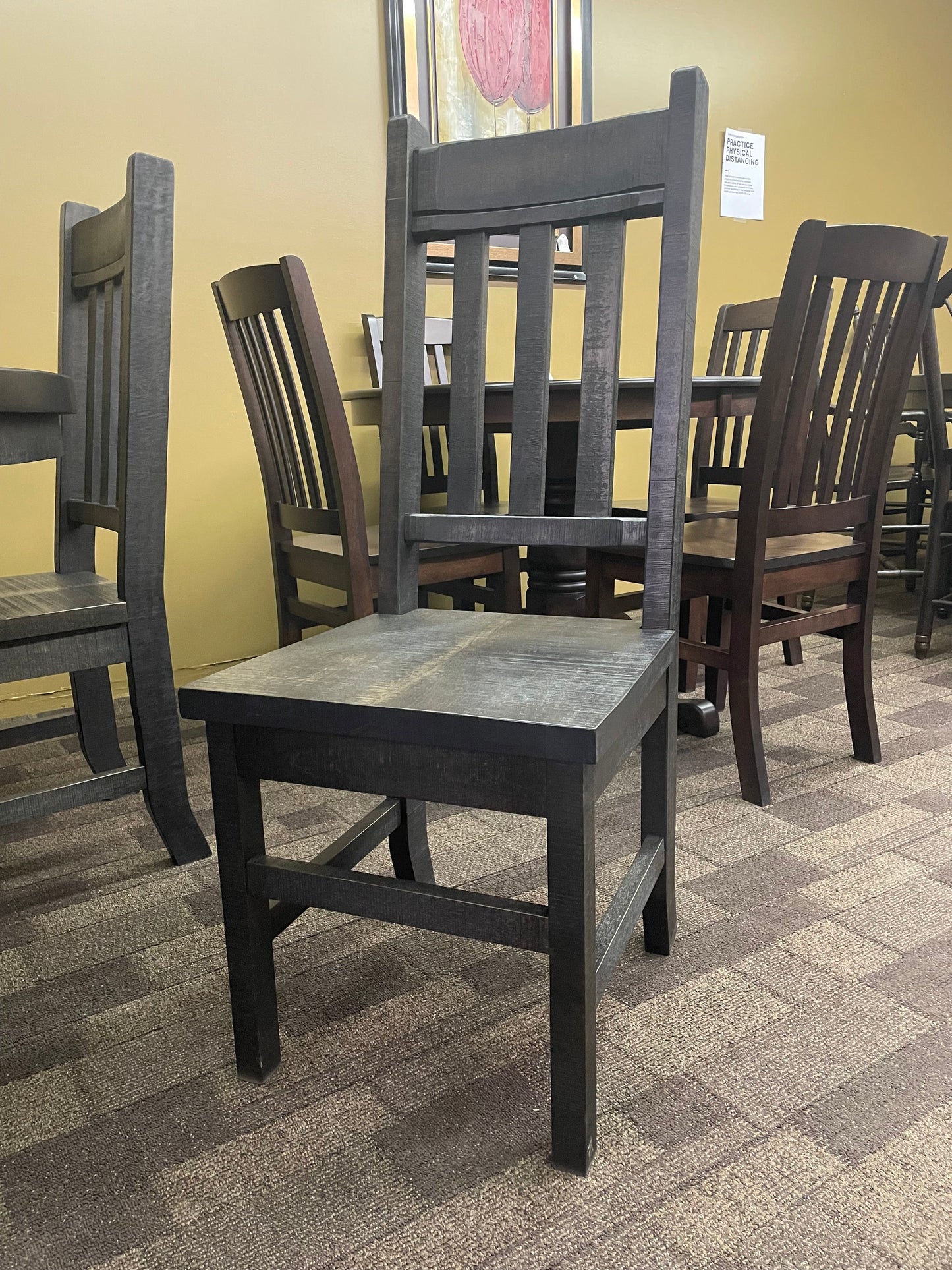 Rustic Pine R555P 60" Round Solid Top Table & 6 Rustic Slat Back Chairs in Ebony Finish S-426