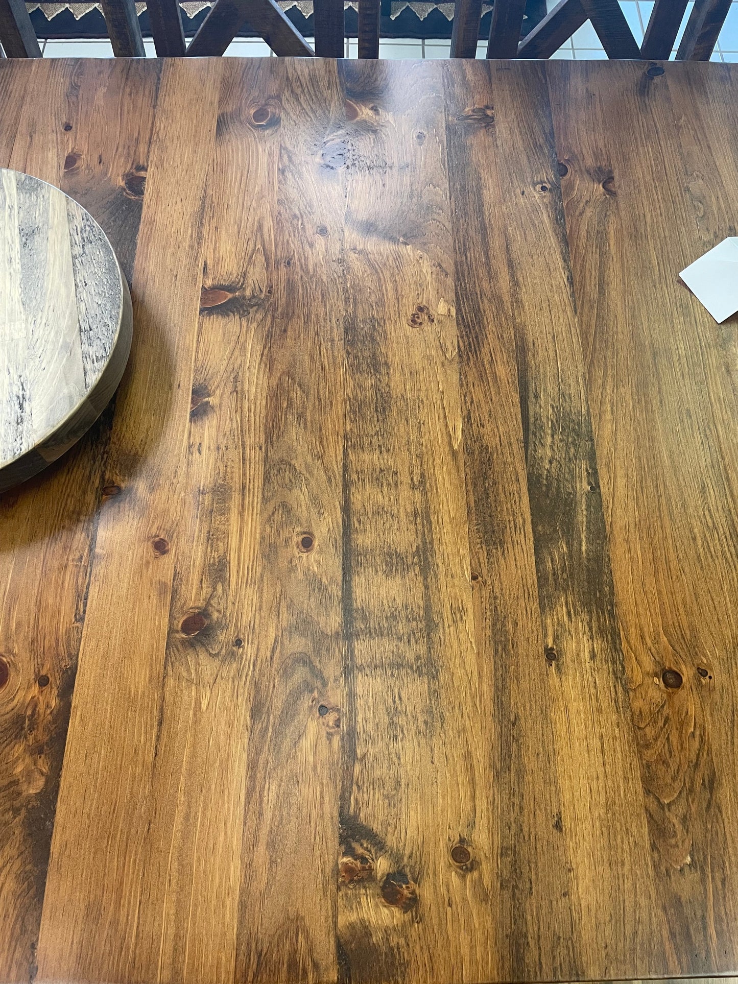 Rustic Pine R455P Monster Table, 2 Rustic Slat Back Chairs & 8 Rustic X Back Chairs in Black Walnut and Bourbon Finish S-447