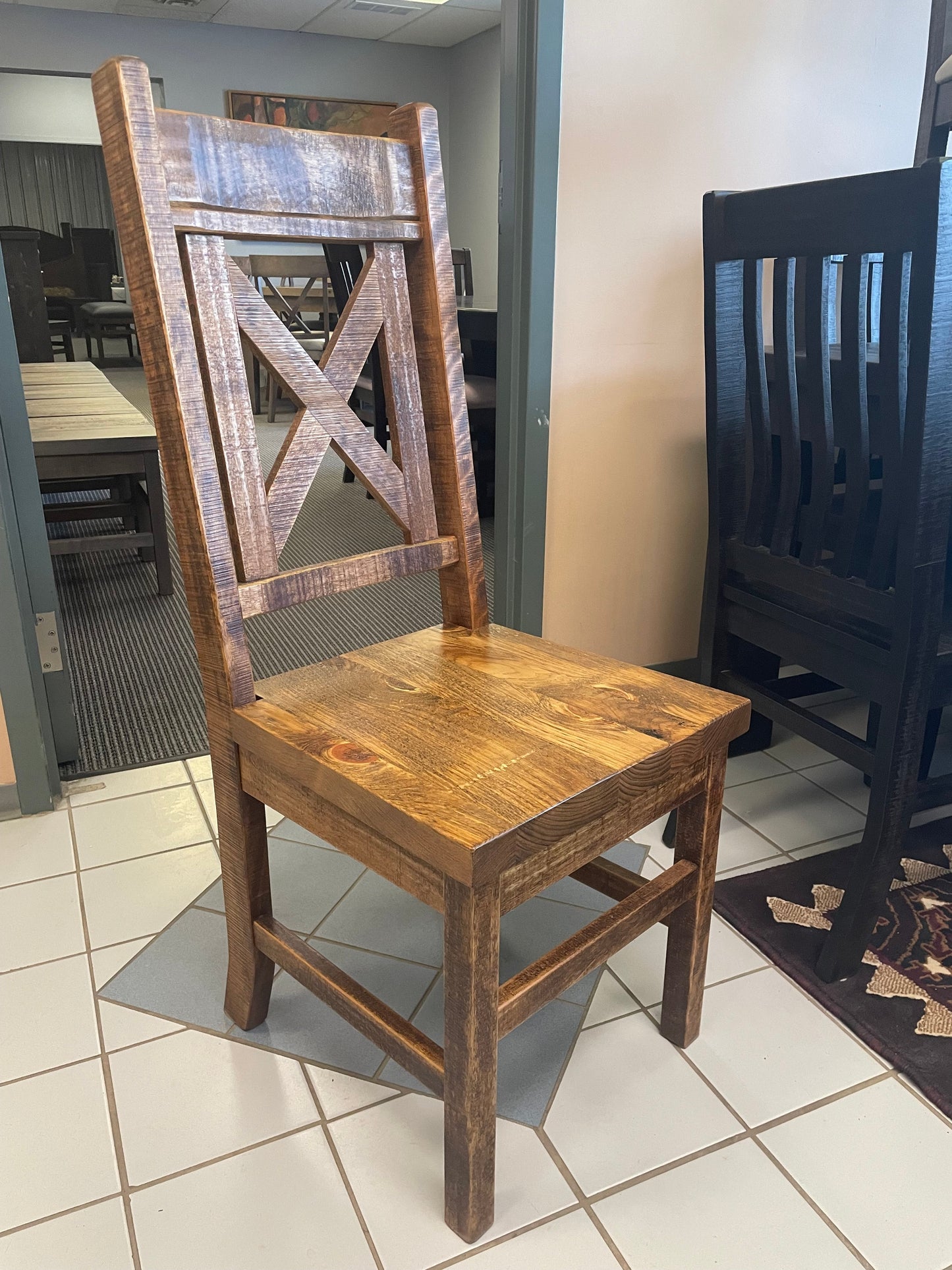 Rustic Pine R455P Monster Table, 2 Rustic Slat Back Chairs & 8 Rustic X Back Chairs in Black Walnut and Bourbon Finish S-447