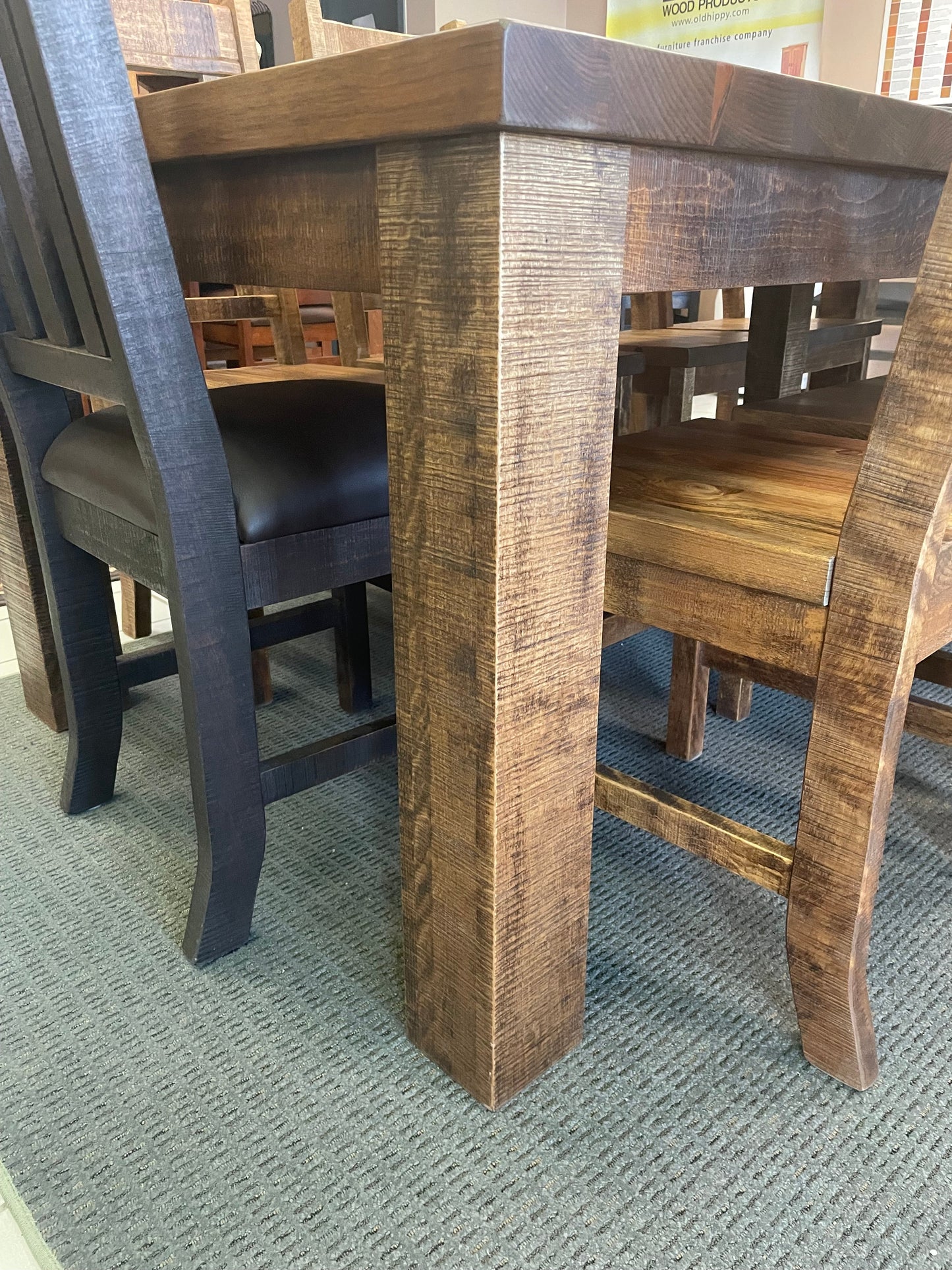 Rustic Pine R455P Monster Table, 2 Rustic Slat Back Chairs & 8 Rustic X Back Chairs in Black Walnut and Bourbon Finish S-447