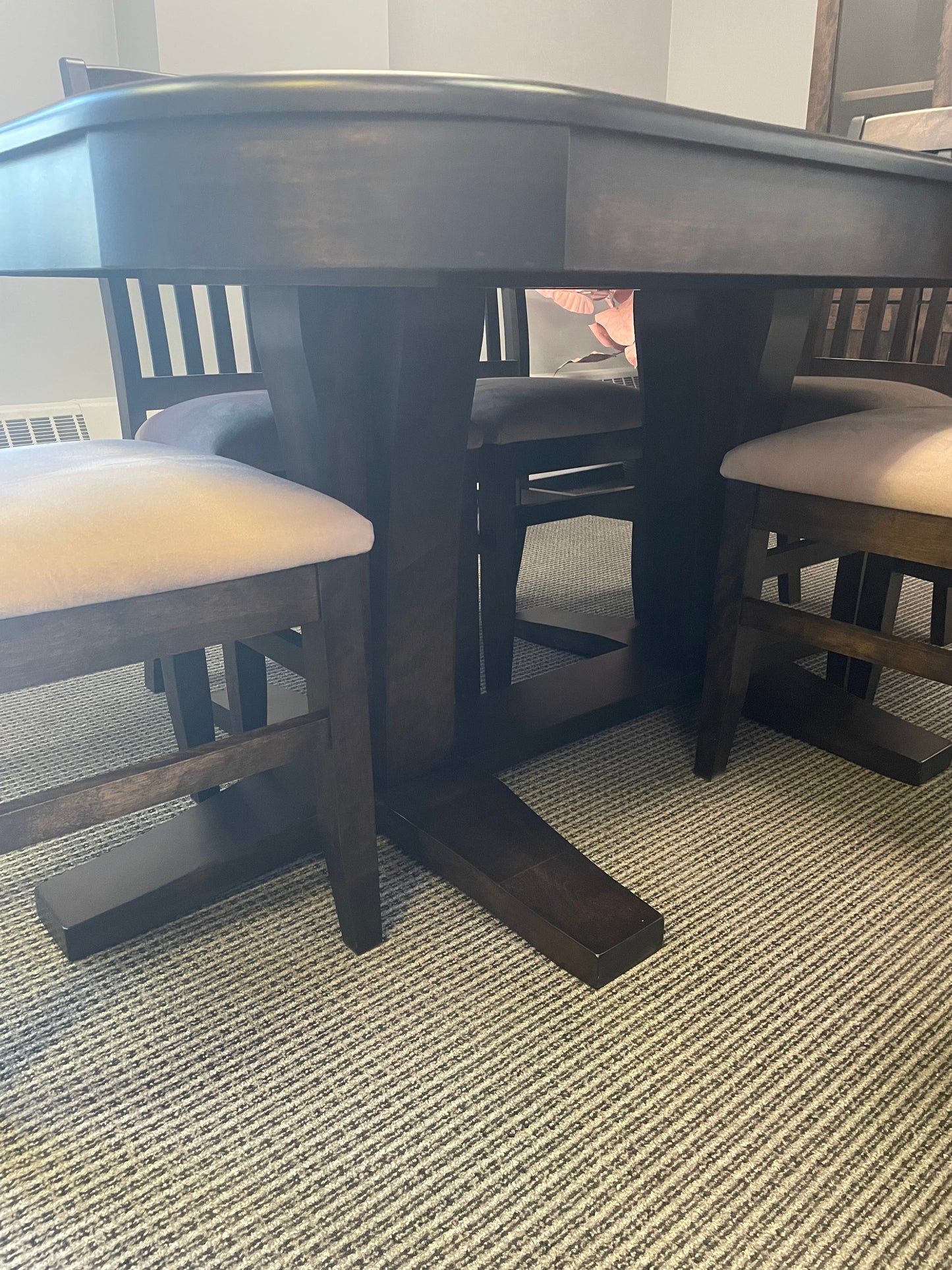 Smooth Birch D533B Double Bistro Pedestal Table & 6 Smooth Scholar Chairs with Upholstered Seats in Guinness Finish S-449