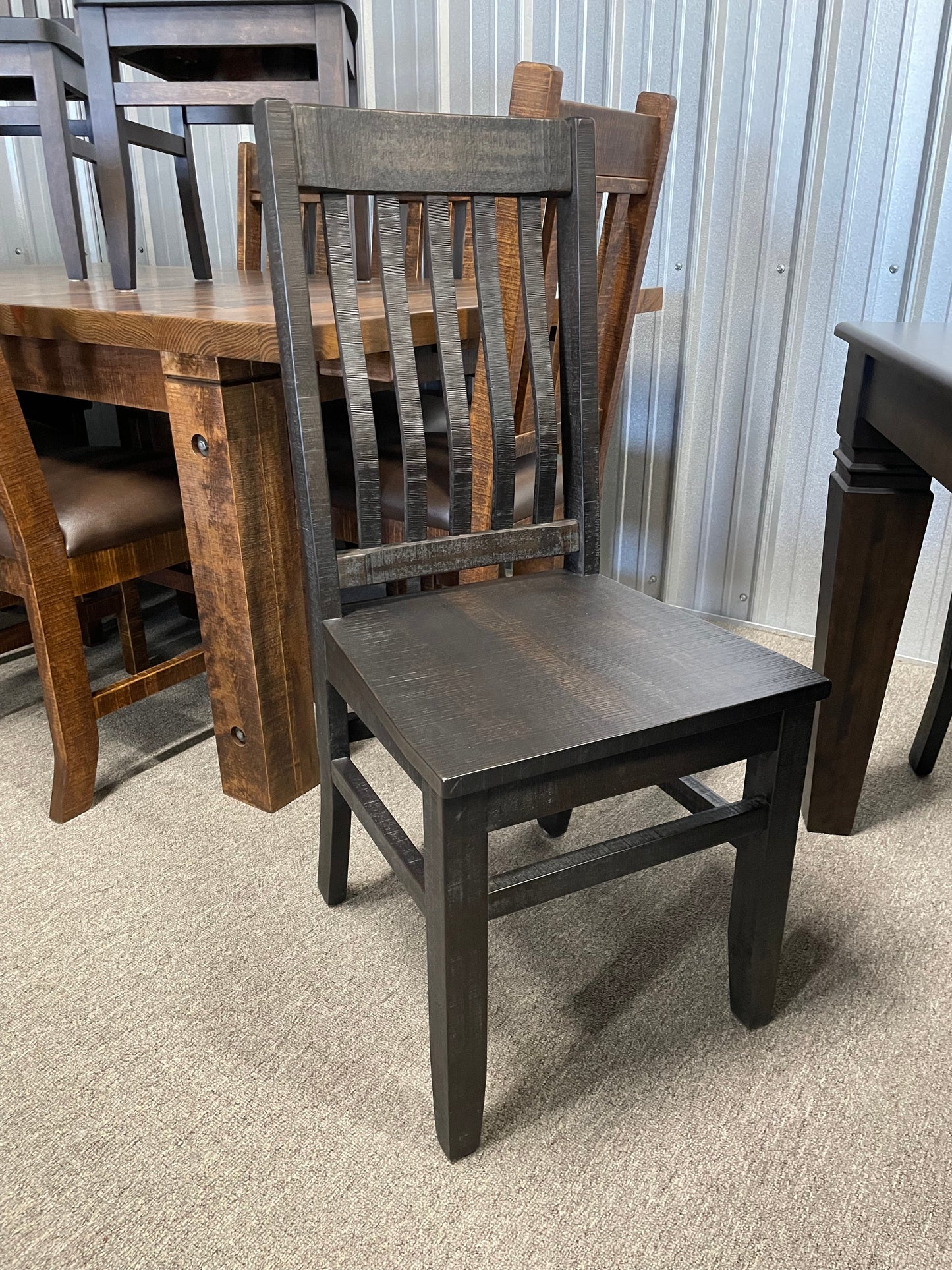 Smooth Birch D431B Harvest Table & 6 R748B Rustic School Chairs in Guinness Finish S-718