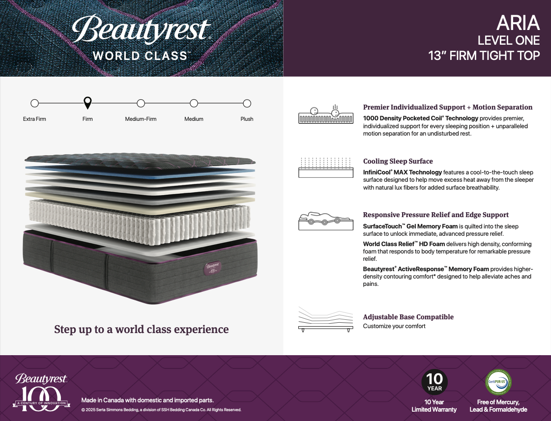 Beautyrest World Class Tier 1 Aria Firm Tight Top 13" Mattress