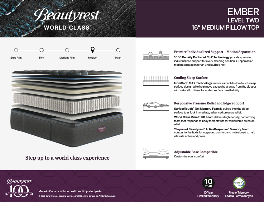 Beautyrest World Class Tier 2 Ember Medium Pillow Top 16" Mattress