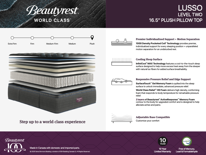 Beautyrest World Class Tier 2 Lusso Plush Pillow Top 16.5" Mattress