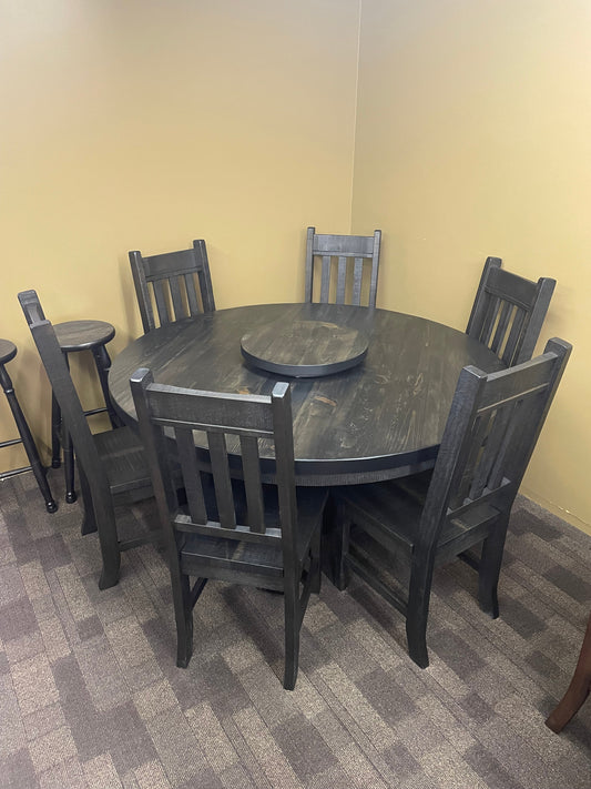 Rustic Pine R555P 60" Round Solid Top Table & 6 Rustic Slat Back Chairs in Ebony Finish S-426