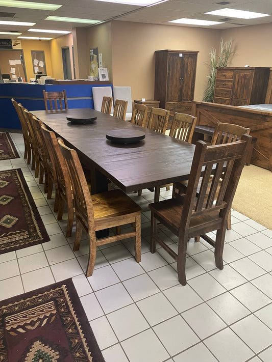 Rustic Pine R452P Super Table, 2 Rustic Slat Back Chairs, & 12 761B Scholar Chairs in Bourbon and Black Walnut Finish S-452