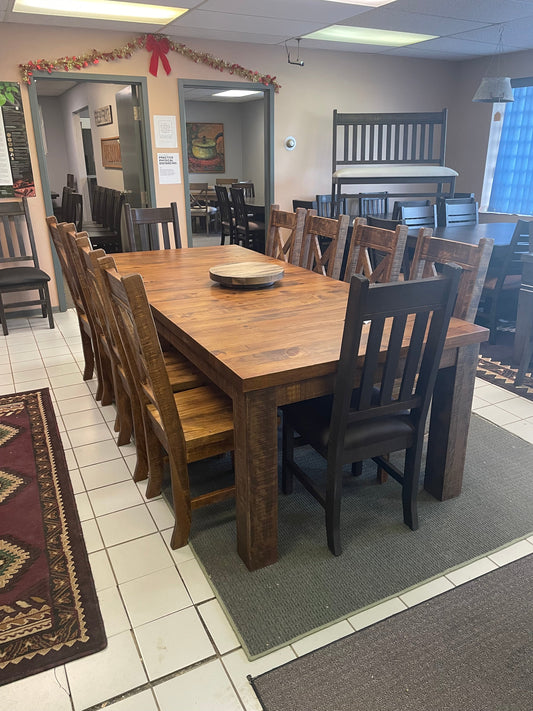 Rustic Pine R455P Monster Table, 2 Rustic Slat Back Chairs & 8 Rustic X Back Chairs in Black Walnut and Bourbon Finish S-447