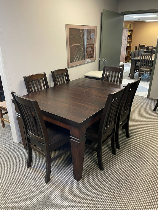 Rustic Pine R431P Harvest Table in Bourbon Finish & 6 Rustic Walnut Scholar Chairs in Guinness Finish S-488