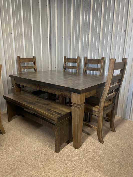 Rustic Pine R431P Harvest Table & 4 Rustic Ladder Back Chairs in Rome Finish With Bench S-001