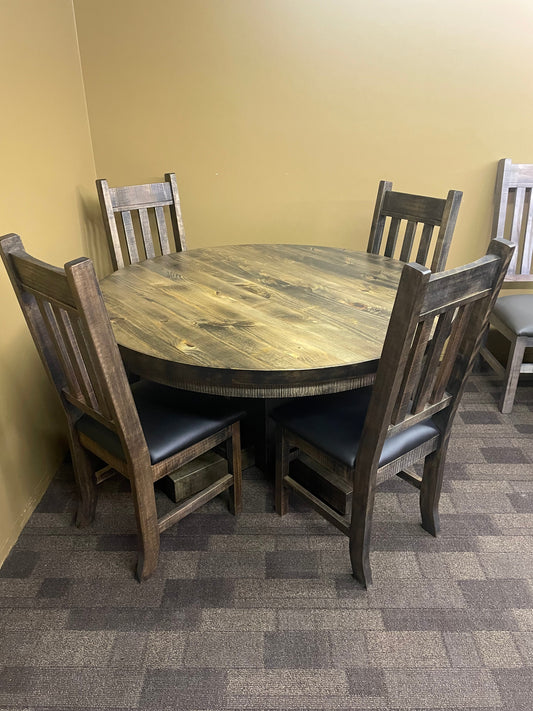 Rustic Pine R525P 54" Round Solid Top Table in Lowry Finish & 4 Rustic Slat Back Chairs in Rome Finish S-590