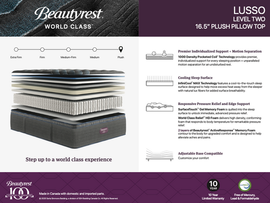 Beautyrest World Class Tier 2 Lusso Plush Pillow Top 16.5" Mattress